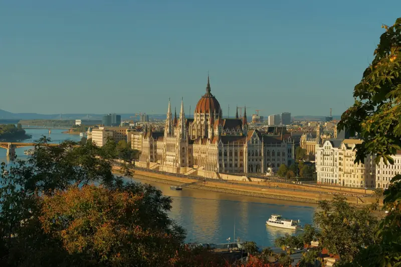 The Hungarian Parliament building on the Danube in Budapest at golden hour